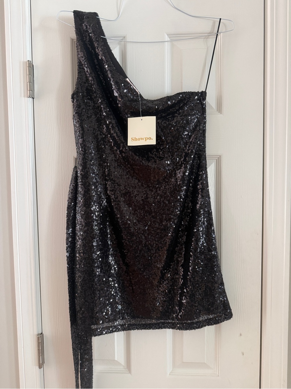 Showpo Black Sequin One-Shoulder Mini Dress Safrae Size 6